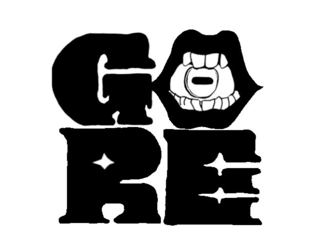 Gore logo with exaggerated heavy black front. G and O over the R and E. The o is an open mouth with eye in place of tongue, the iris is a horizontal oblong shape.
